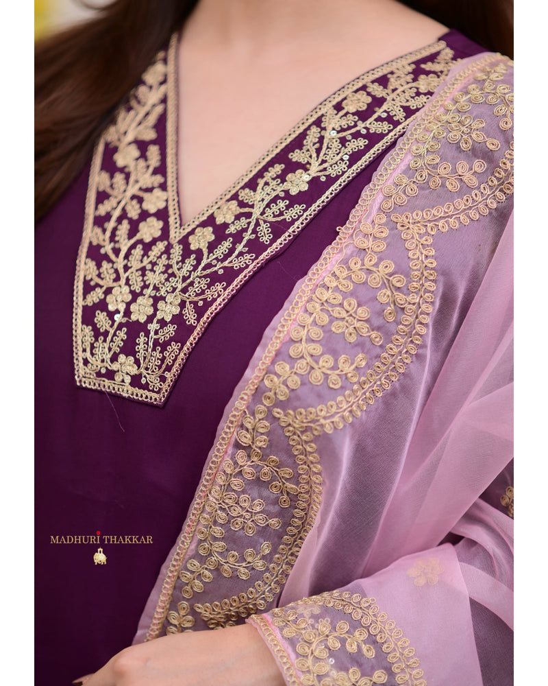 Purple Silk Embroidered A Line Suit