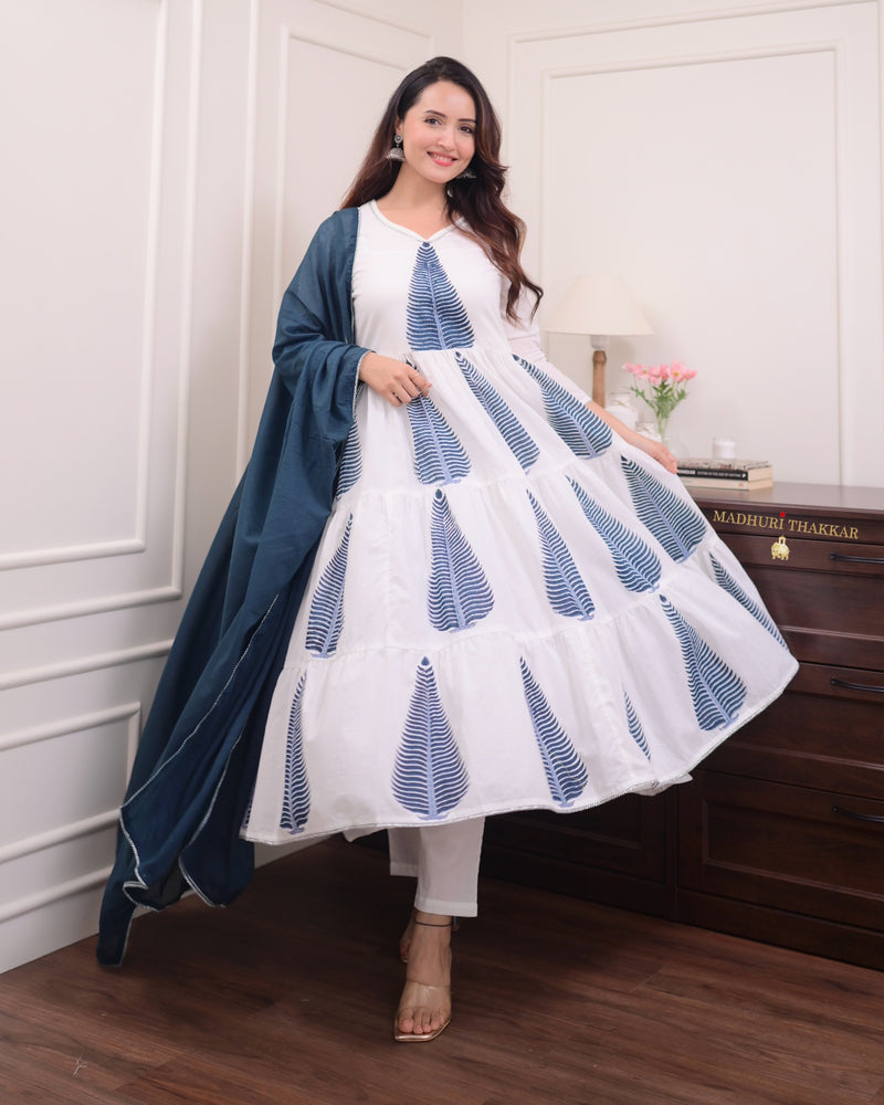 White Blue Mul Cotton Block Printed Anarkali