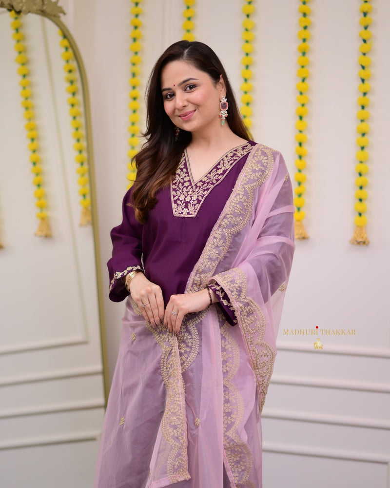 Purple Silk Embroidered A Line Suit