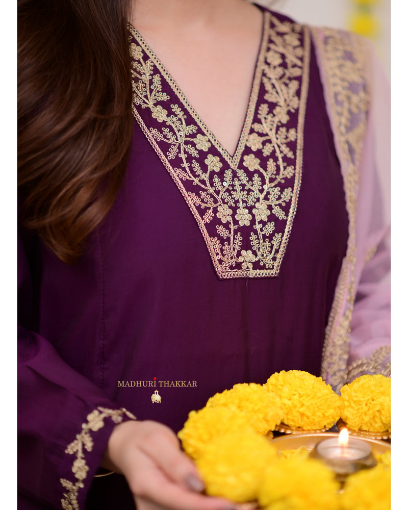 Purple Silk Embroidered A Line Suit