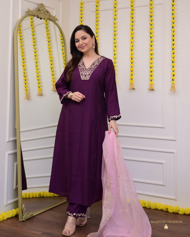 Purple Silk Embroidered A Line Suit