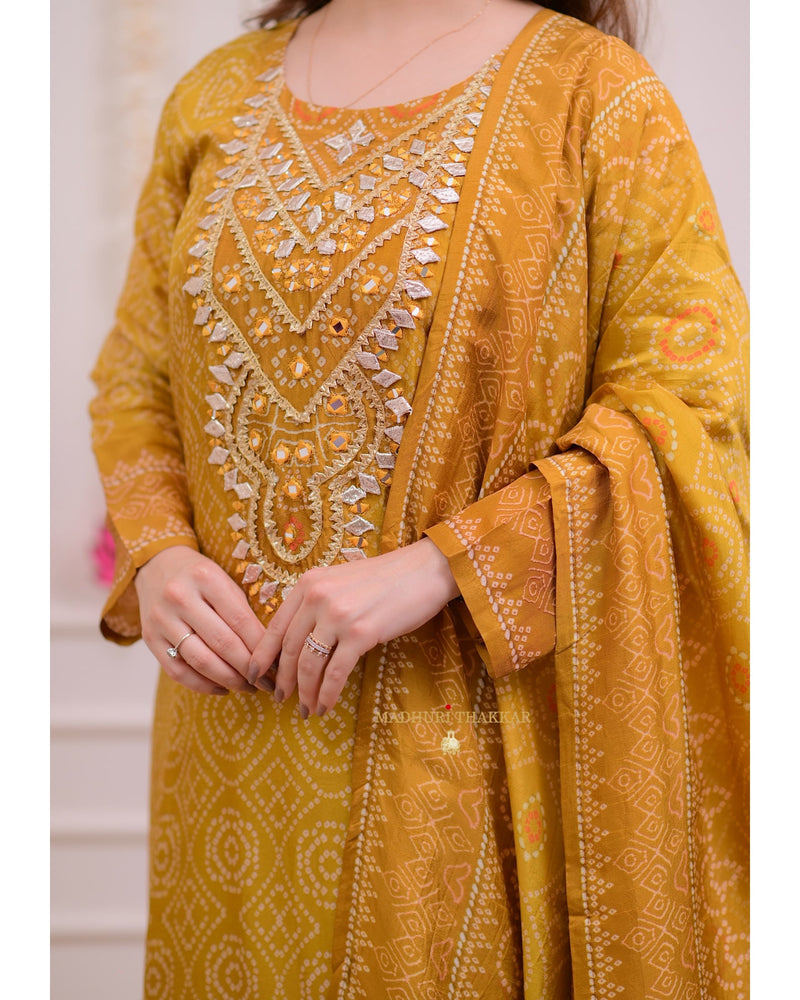 Mustard Yellow Gotawork Bandhani Print Silk Suit