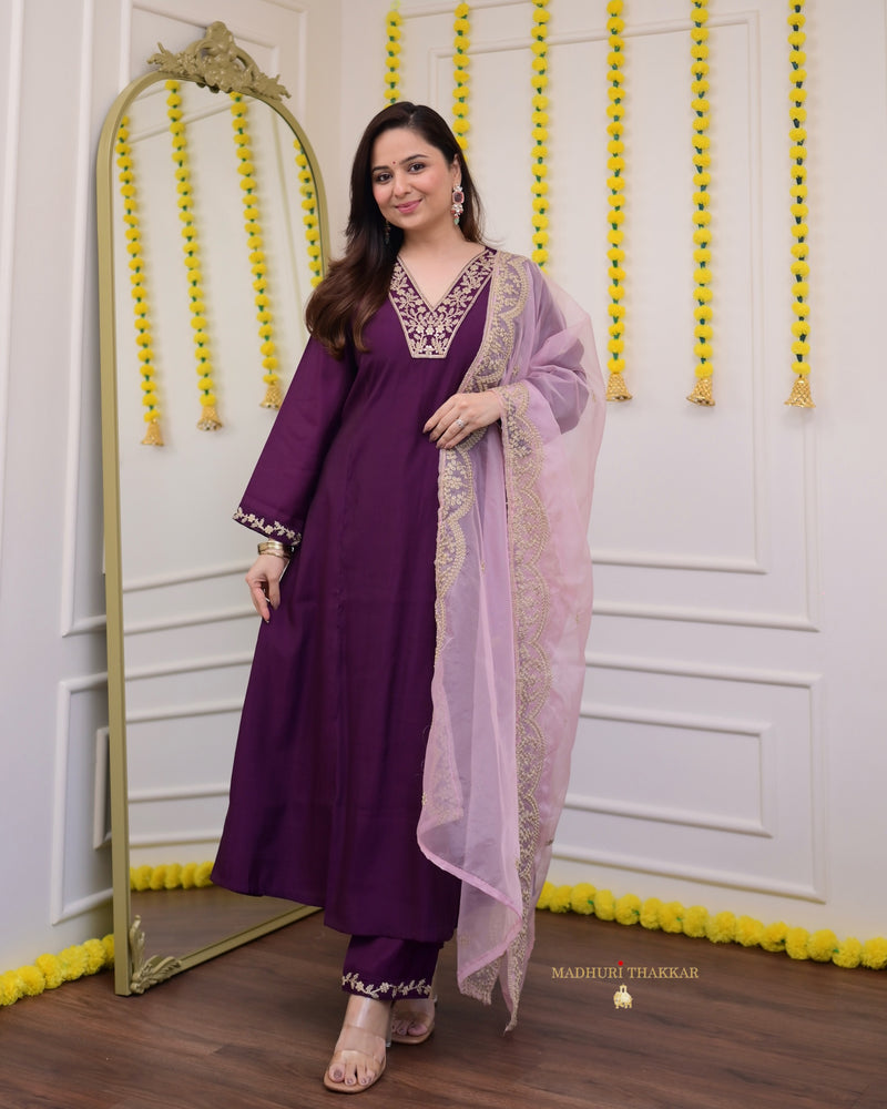 Purple Silk Embroidered A Line Suit