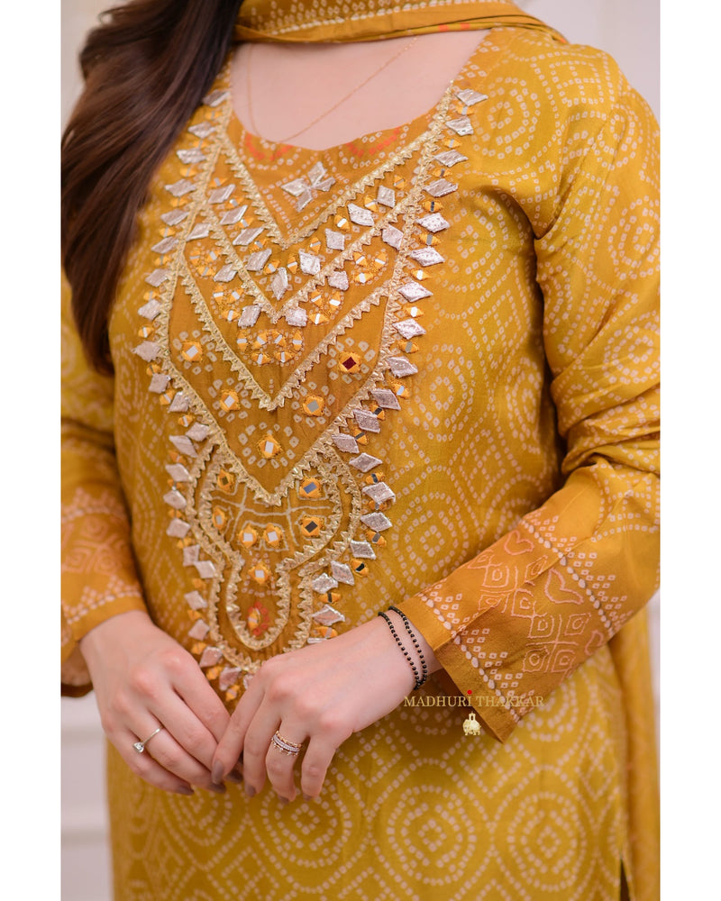 Mustard Yellow Gotawork Bandhani Print Silk Suit