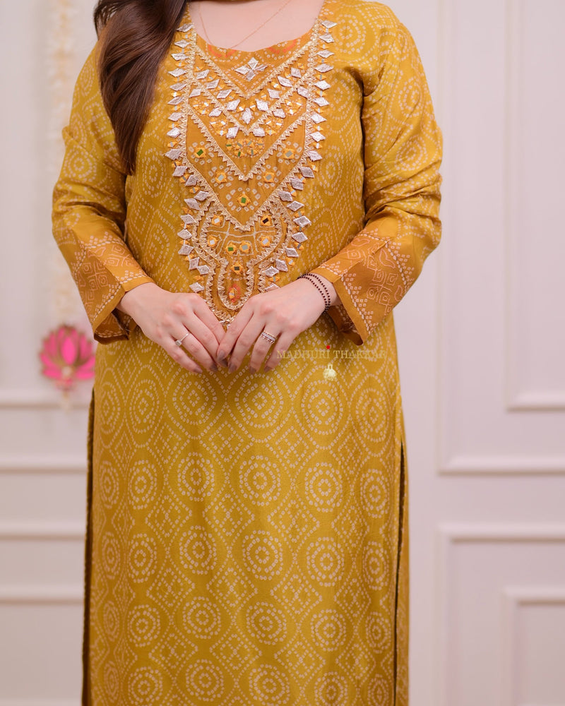 Mustard Yellow Gotawork Bandhani Print Silk Suit