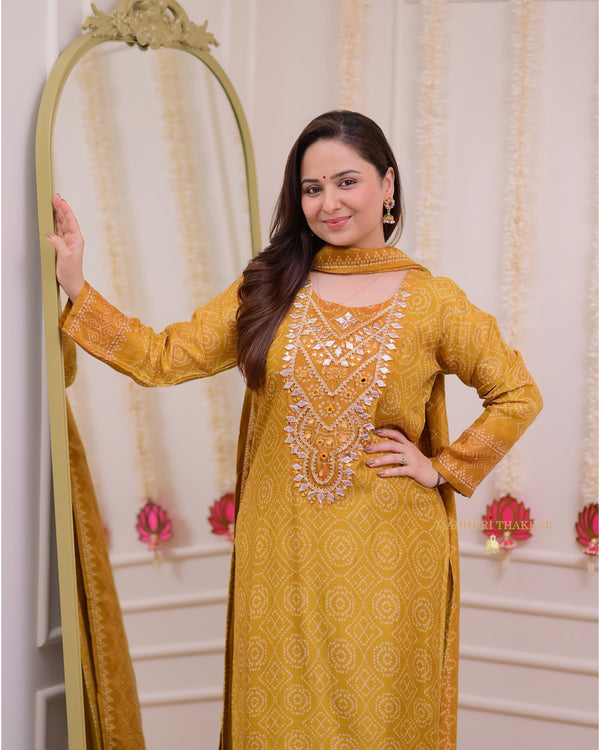 Mustard Yellow Gotawork Bandhani Print Silk Suit