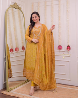 Mustard Yellow Gotawork Bandhani Print Silk Suit