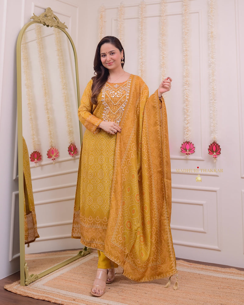 Mustard Yellow Gotawork Bandhani Print Silk Suit