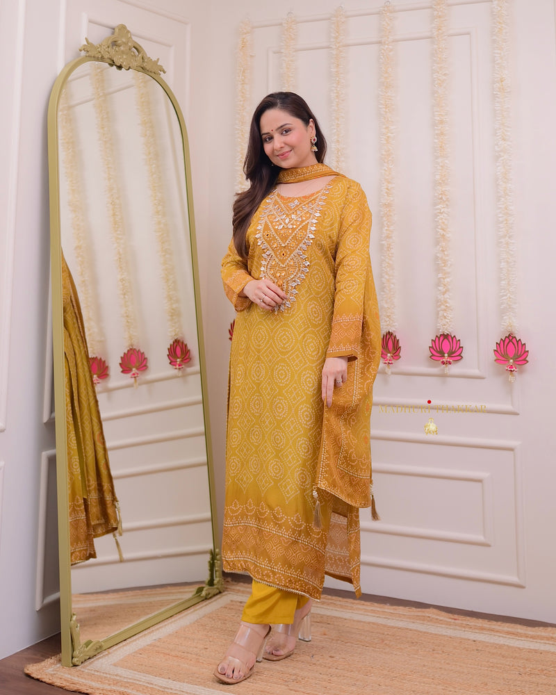 Mustard Yellow Gotawork Bandhani Print Silk Suit