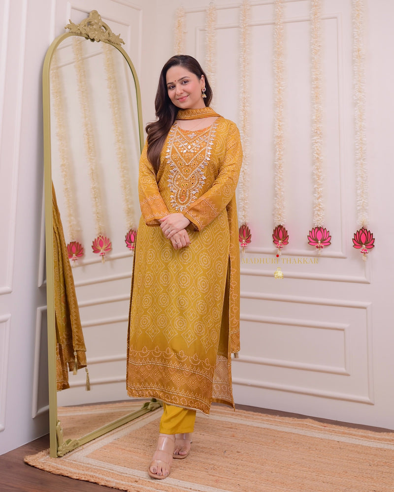 Mustard Yellow Gotawork Bandhani Print Silk Suit