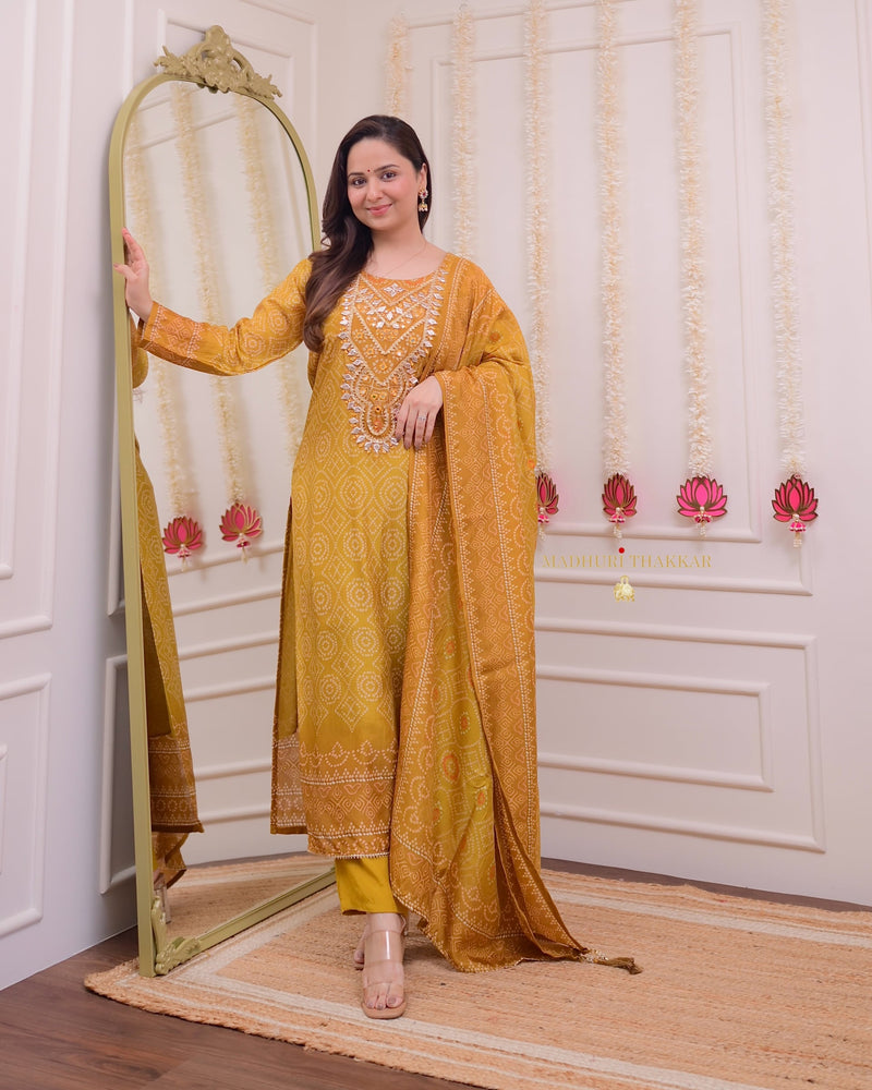 Mustard Yellow Gotawork Bandhani Print Silk Suit