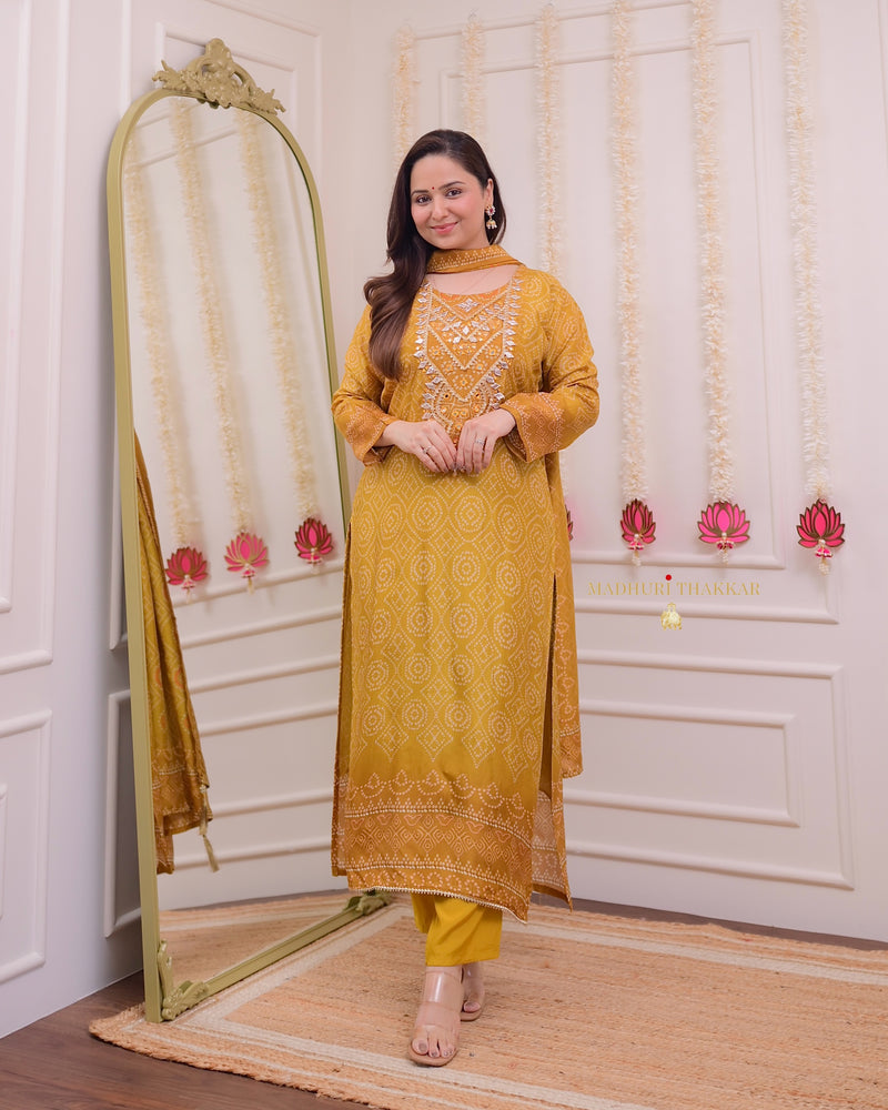 Mustard Yellow Gotawork Bandhani Print Silk Suit