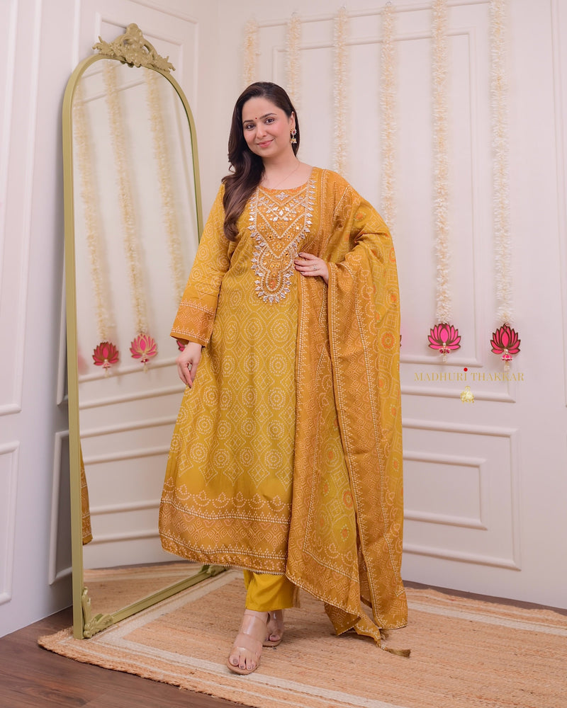 Mustard Yellow Gotawork Bandhani Print Silk Suit