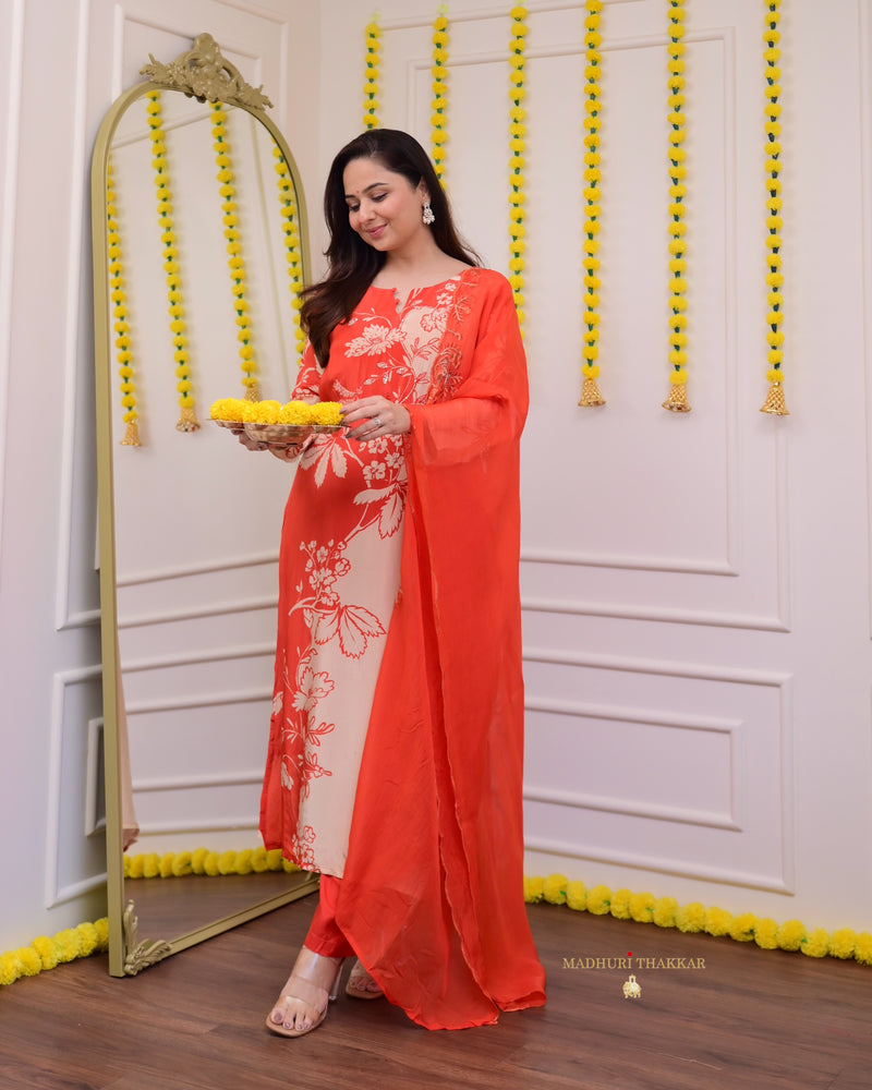 Ivory Orange Muslin Handwork Suit