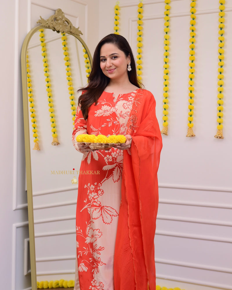 Ivory Orange Muslin Handwork Suit