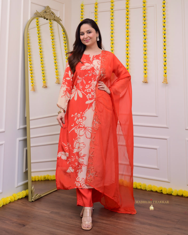 Ivory Orange Muslin Handwork Suit