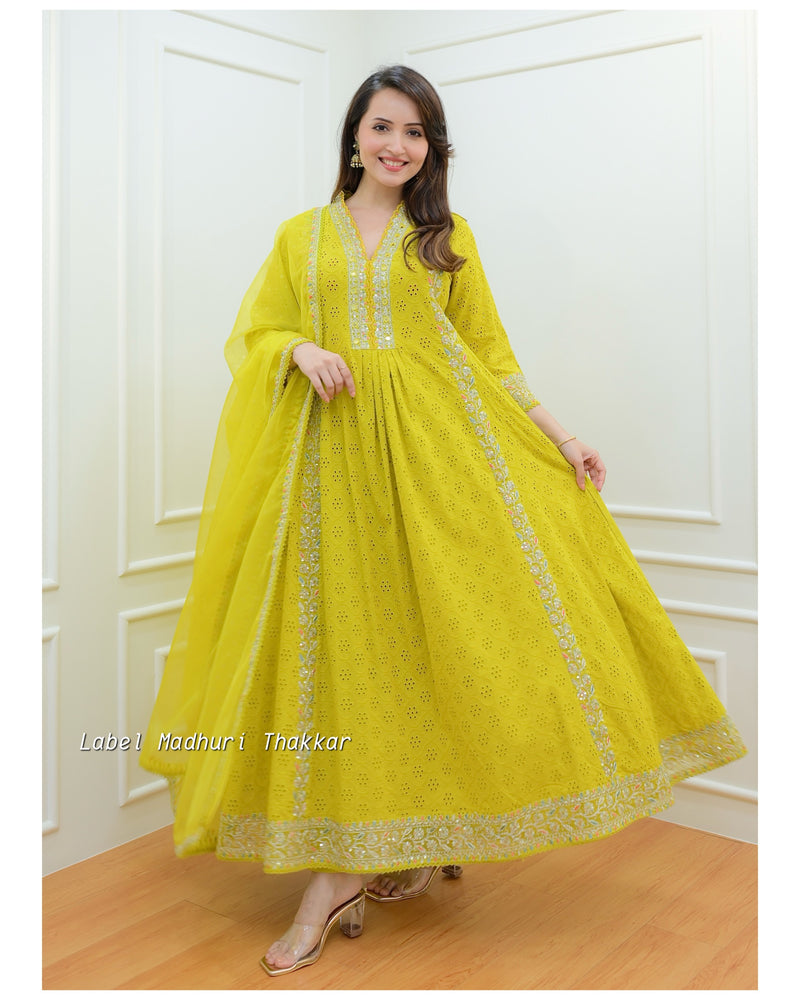 Yellow Schiffli Embroidered Anarkali Suit