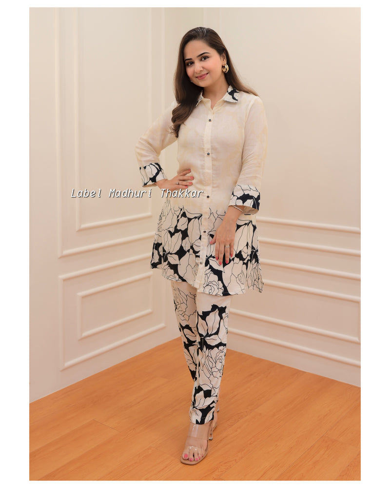 Ivory-Black Floral Muslin Co-ord