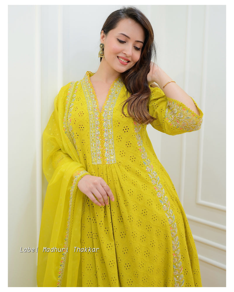 Yellow Schiffli Embroidered Anarkali Suit