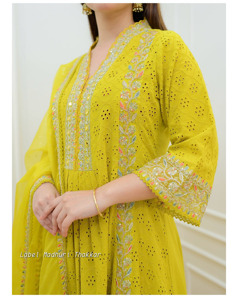 Yellow Schiffli Embroidered Anarkali Suit