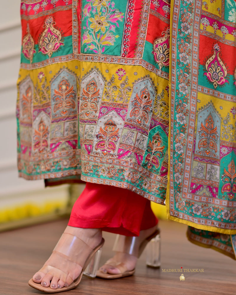 Red Handwork Muslin Patchprint Suit