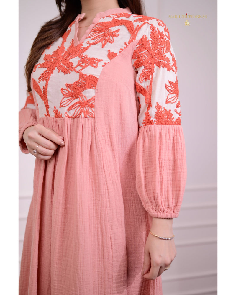 Peach Thread Embroidered Dress