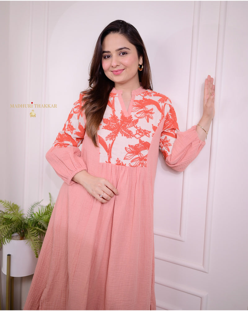 Peach Thread Embroidered Dress