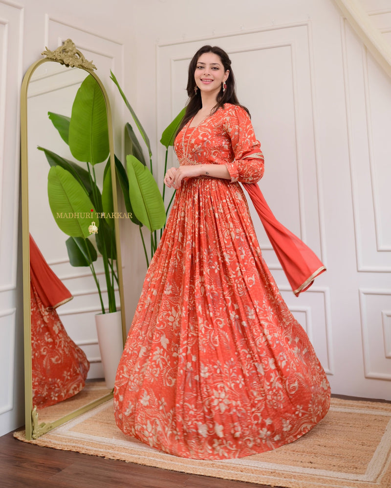 Rust Orange Handwork Chinnon Flared Anarkali Suit