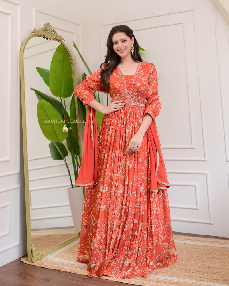 Rust Orange Handwork Chinnon Flared Anarkali Suit