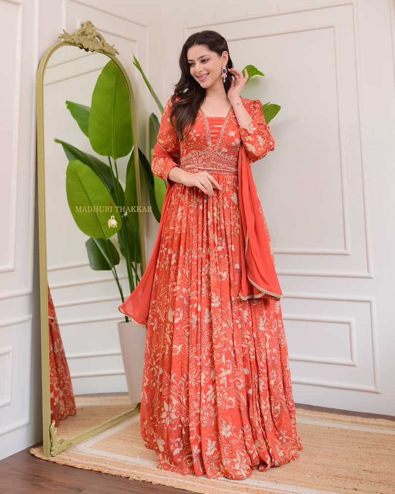 Rust Orange Handwork Chinnon Flared Anarkali Suit