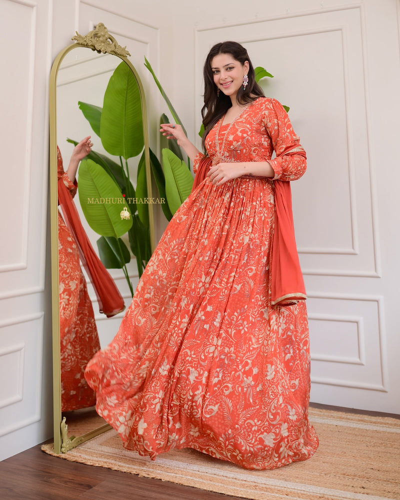 Rust Orange Handwork Chinnon Flared Anarkali Suit