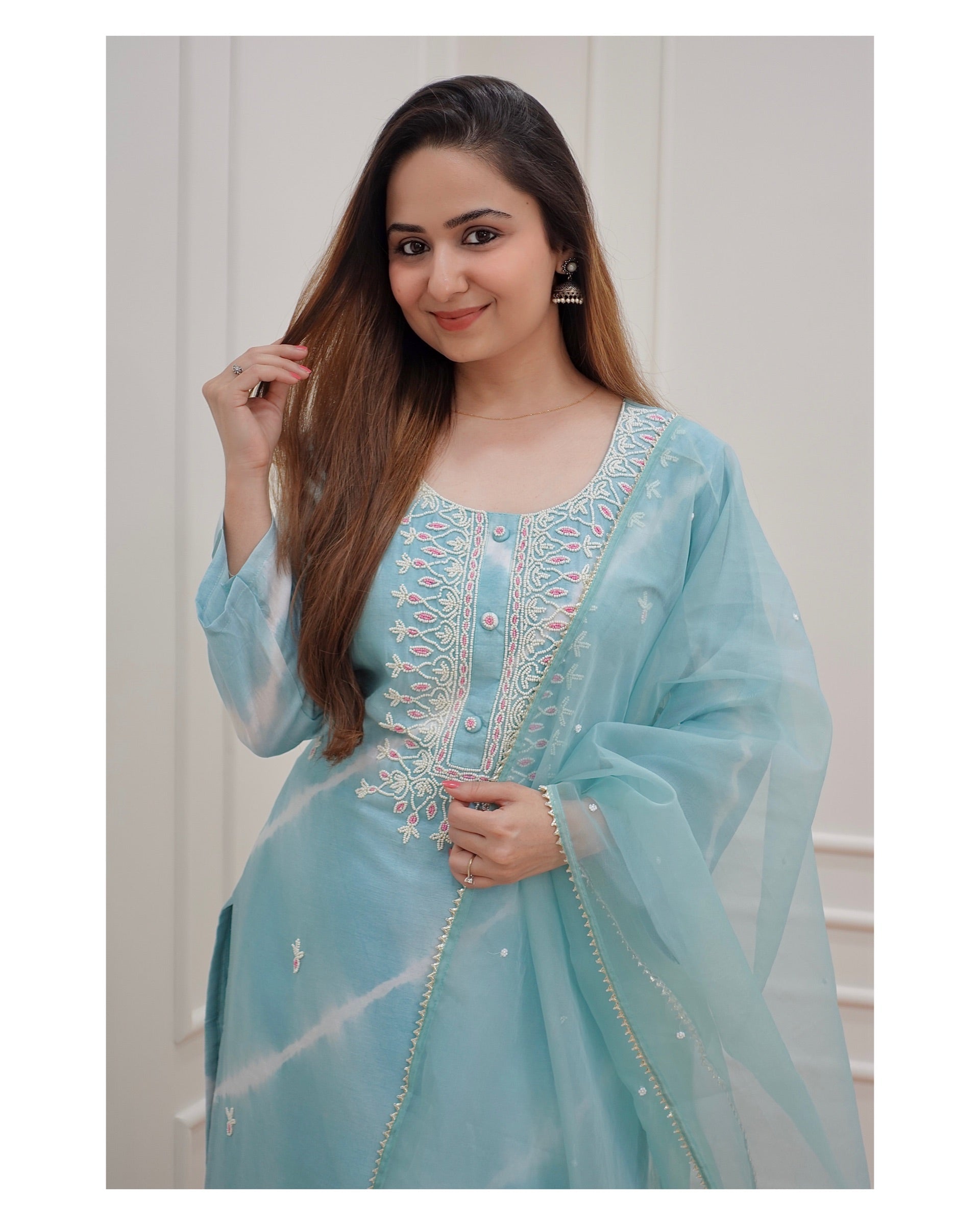 Sky Blue Pearl Work Suit – Label Madhuri Thakkar