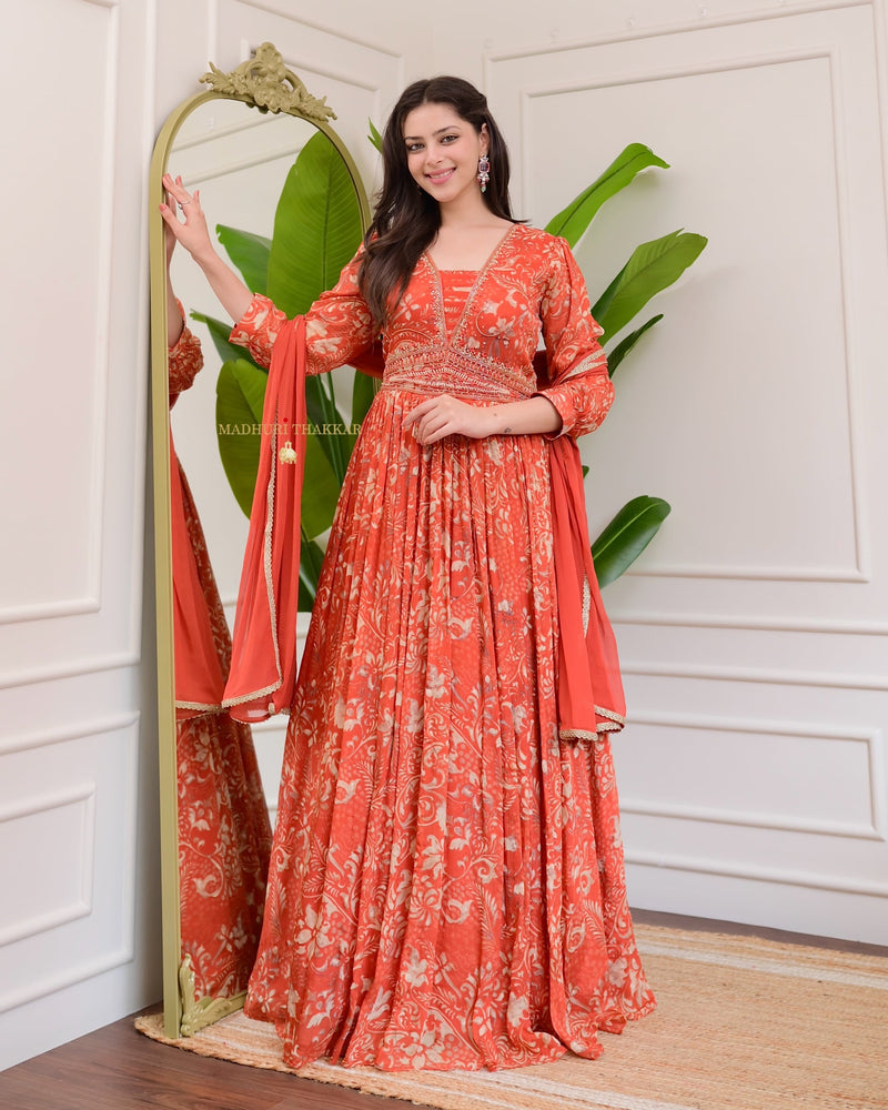 Rust Orange Handwork Chinnon Flared Anarkali Suit