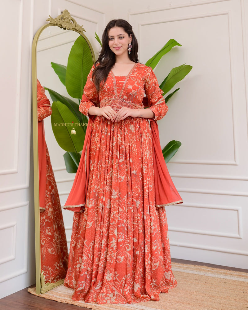 Rust Orange Handwork Chinnon Flared Anarkali Suit