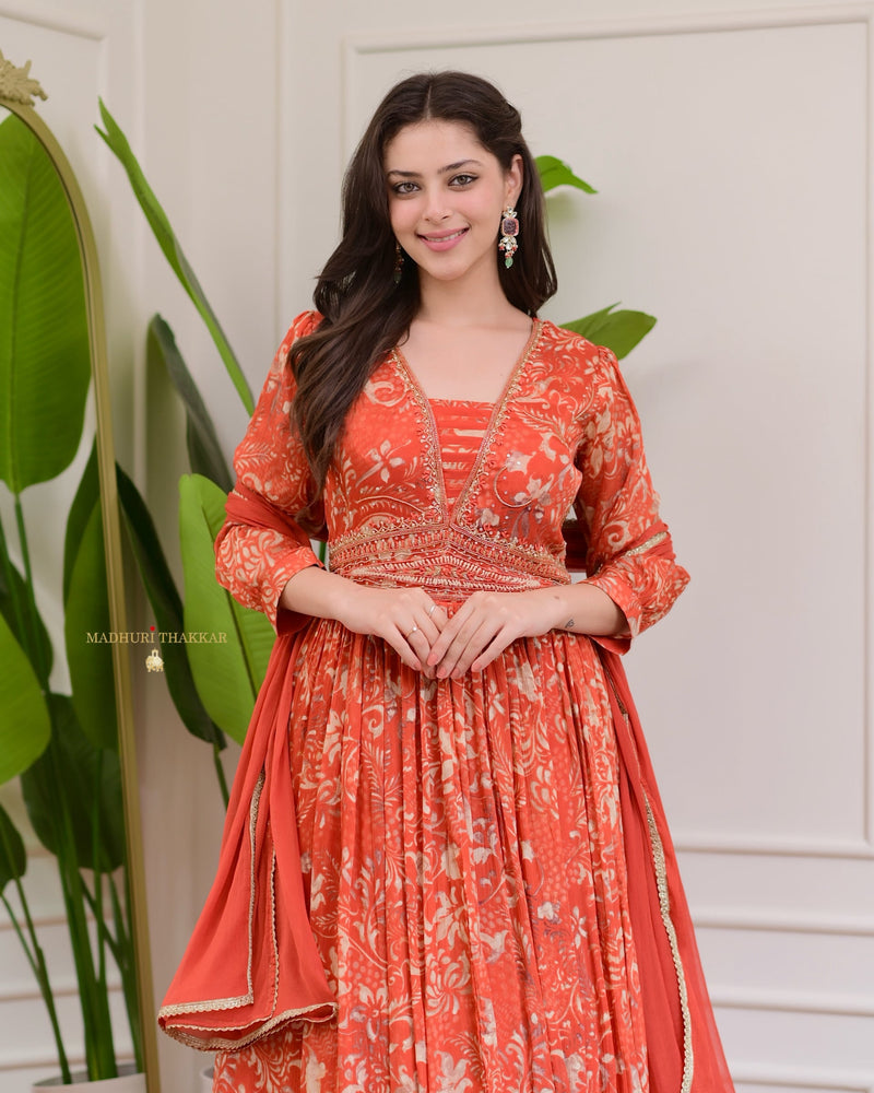 Rust Orange Handwork Chinnon Flared Anarkali Suit