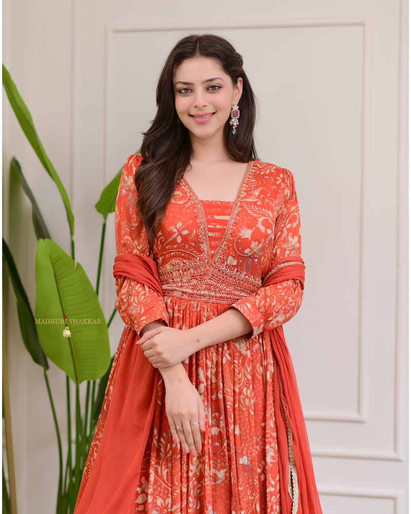 Rust Orange Handwork Chinnon Flared Anarkali Suit