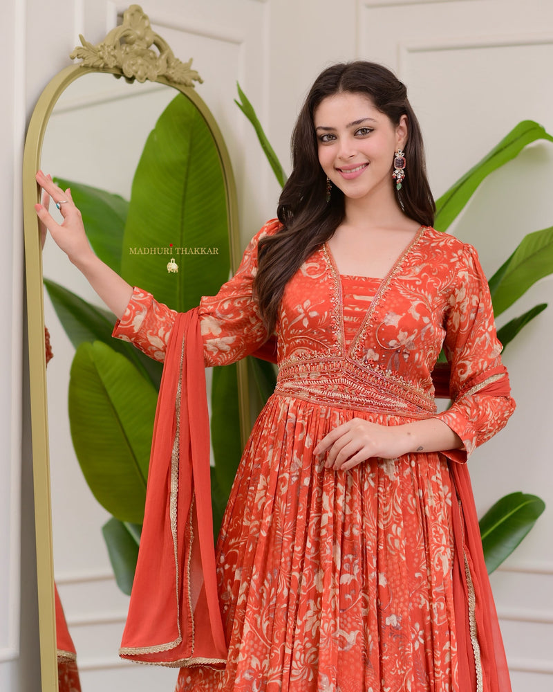 Rust Orange Handwork Chinnon Flared Anarkali Suit