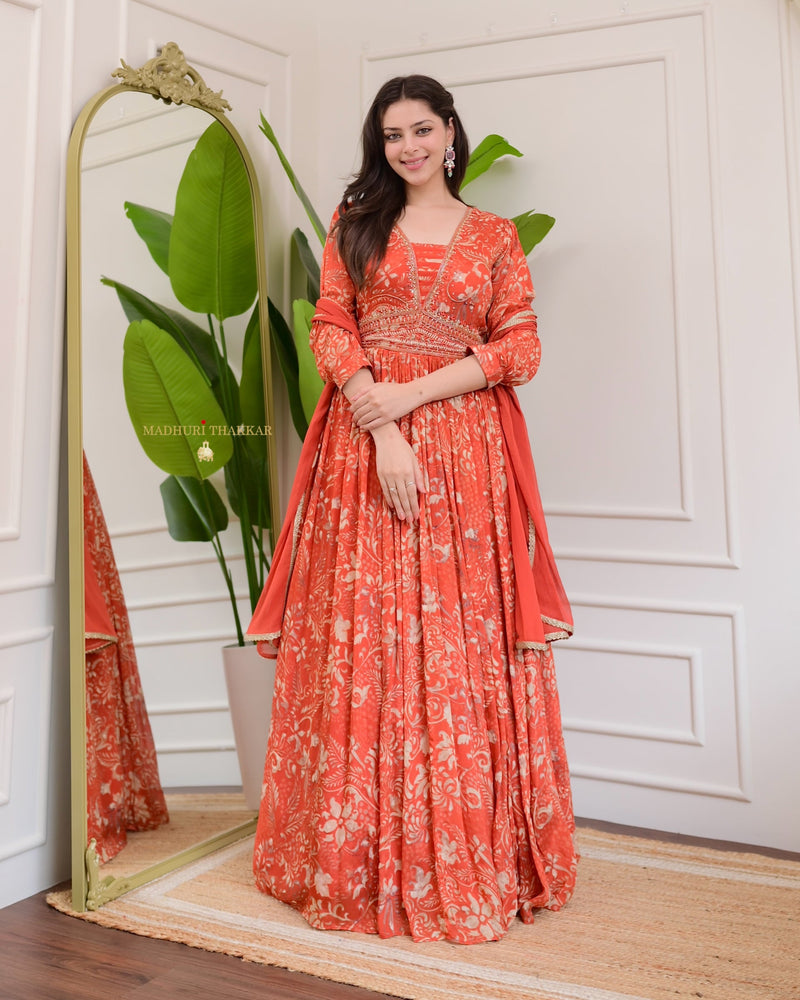 Rust Orange Handwork Chinnon Flared Anarkali Suit