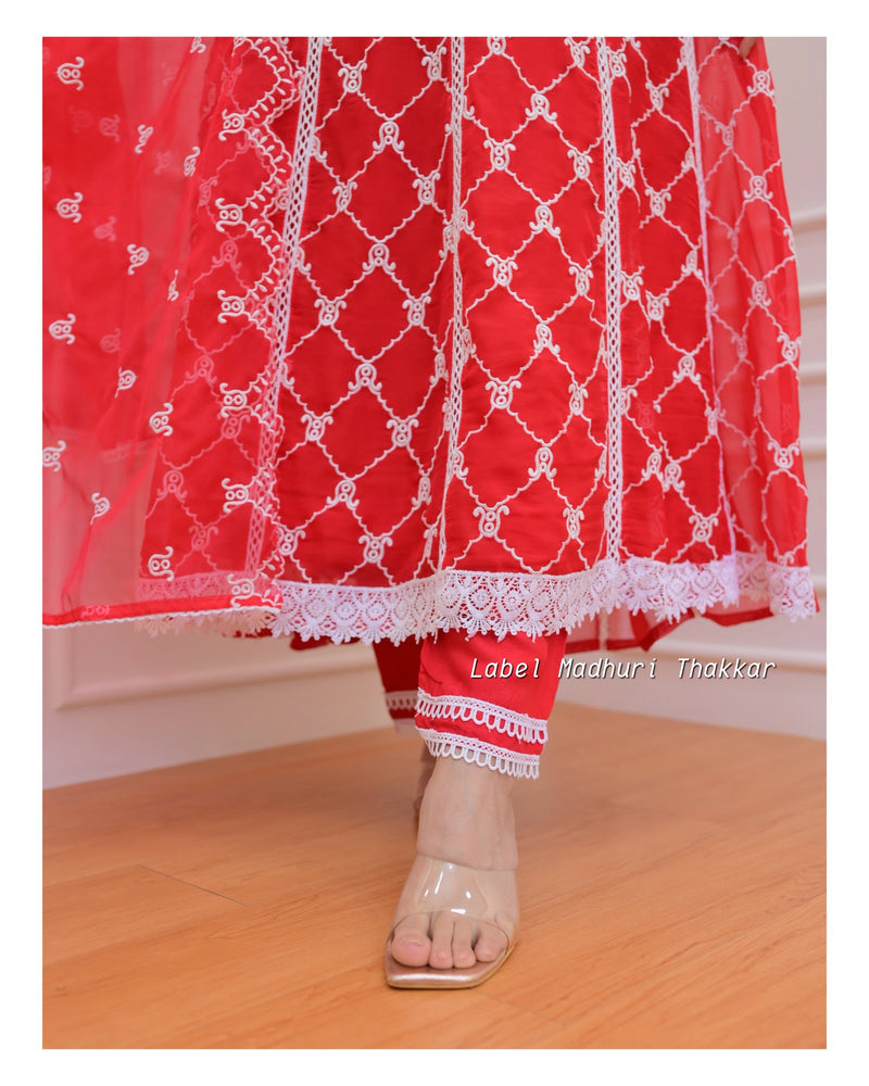 Red Organza Schiffli Anarkali