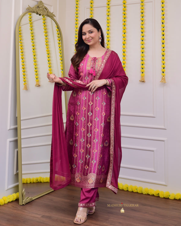 Mulberry Pink Hand Embroidered Festive Silk Suit