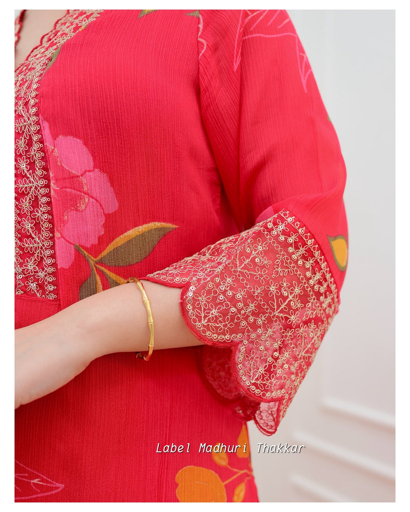 Red Floral Chinnon Embroidered Suit