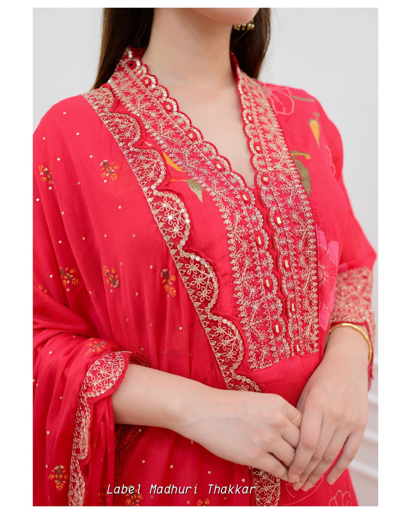 Red Floral Chinnon Embroidered Suit