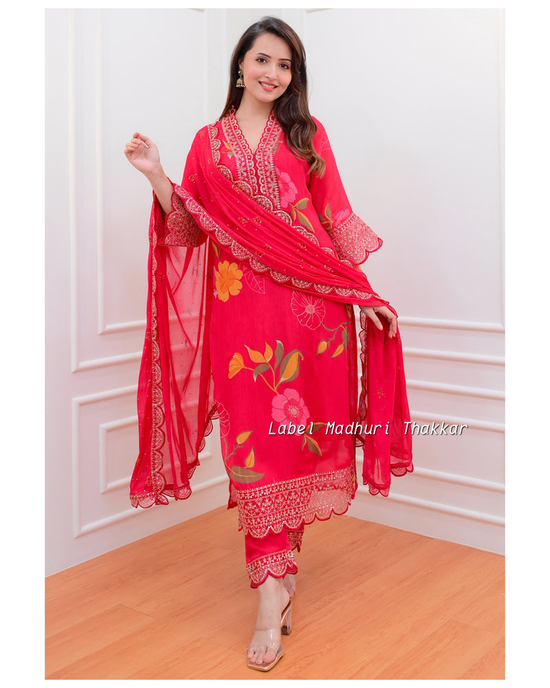 Red Floral Chinnon Embroidered Suit