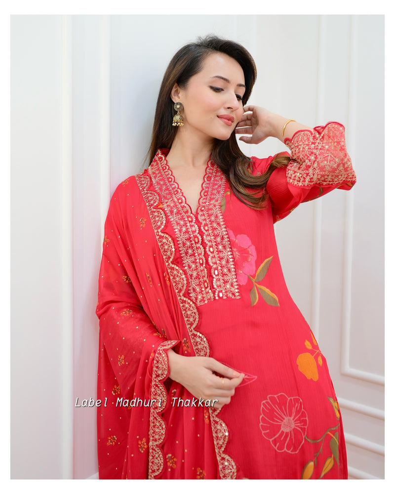 Red Floral Chinnon Embroidered Suit