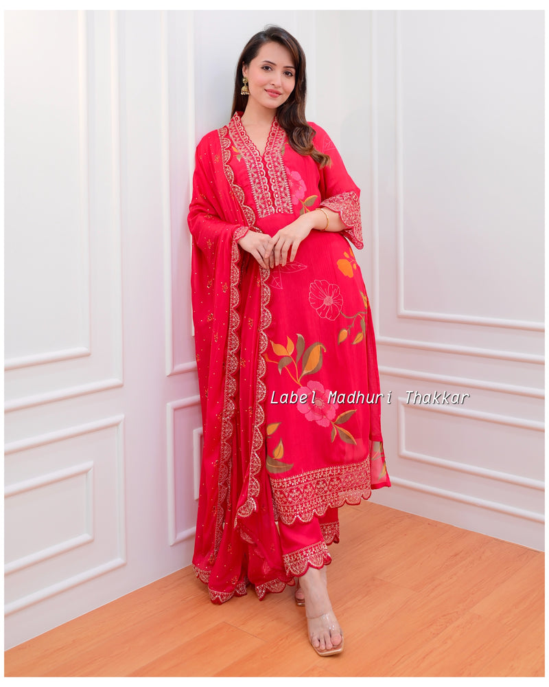 Red Floral Chinnon Embroidered Suit