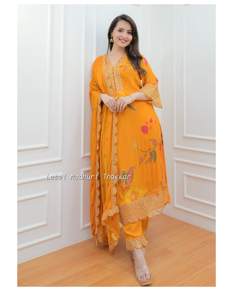 Mustard Yellow Floral Chinnon Embroidered Suit