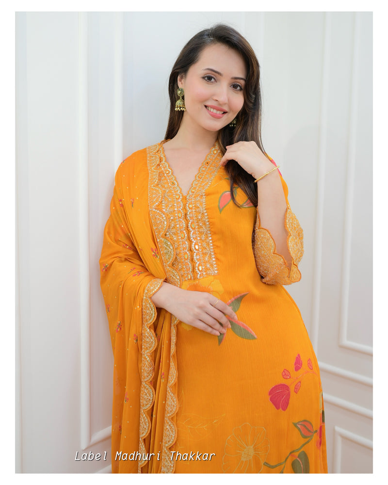 Mustard Yellow Floral Chinnon Embroidered Suit
