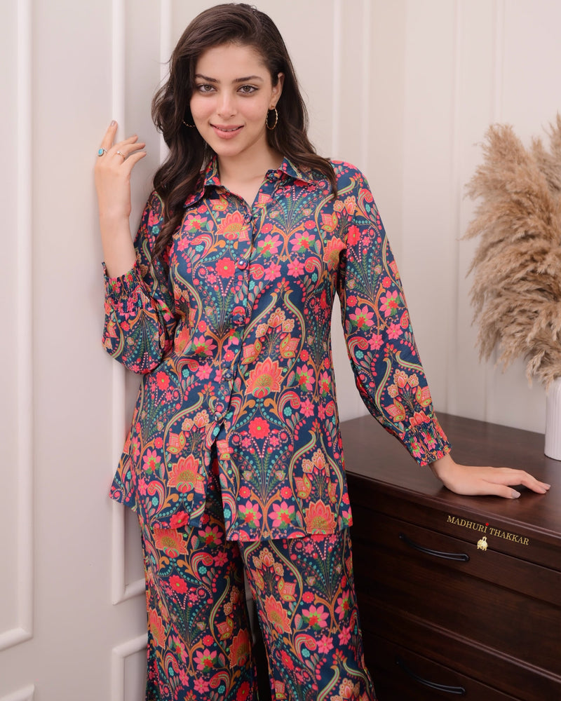 Navy Blue Multi Floral Muslin Co-ord