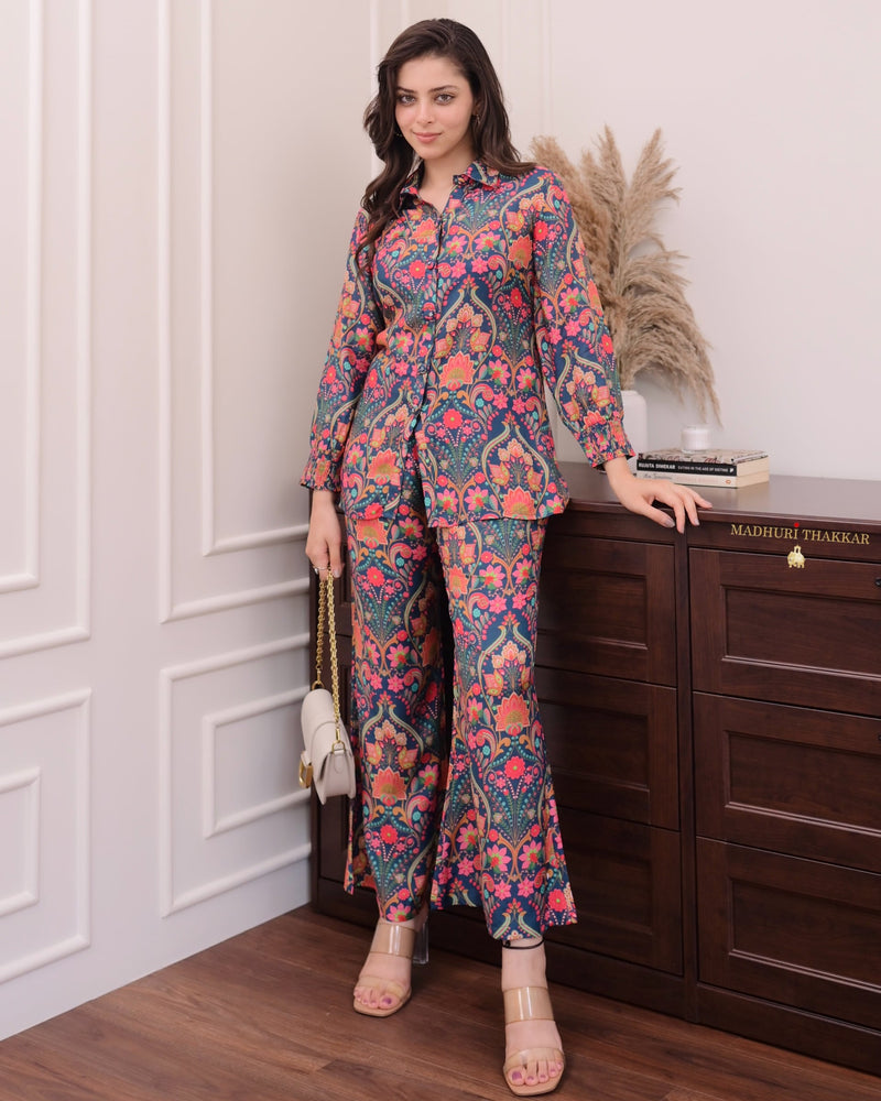 Navy Blue Multi Floral Muslin Co-ord