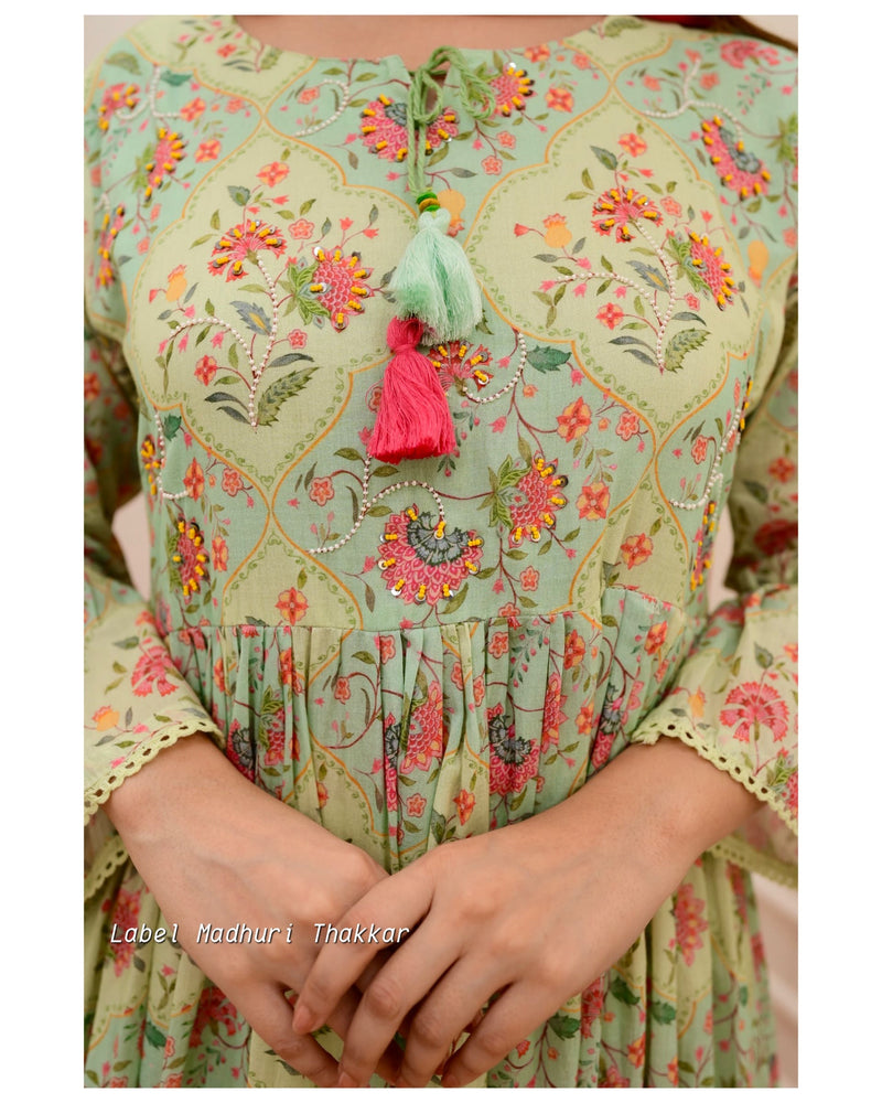 Green-Pink Floral Mul Cotton Embroidered Suit